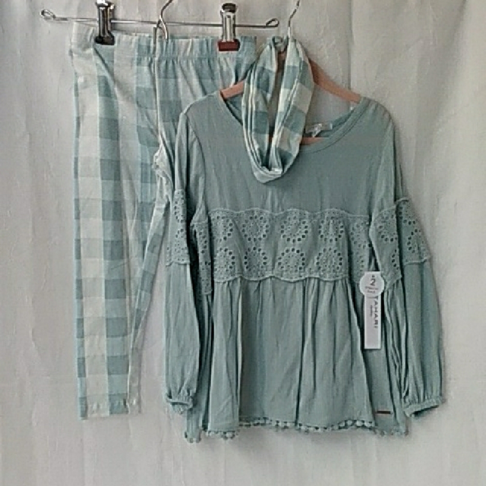 Tahari Baby NWT Girls 3PC Sage Green Eyelet Lace Tunic Gingham Leggings Scarf Se